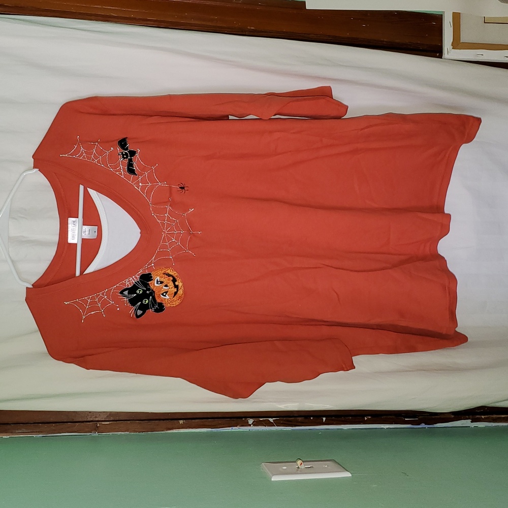 Vintage Y2k Sparkly Embroidered Cat Pumpkin Bat Spiderweb 3/4 Sleeve Top